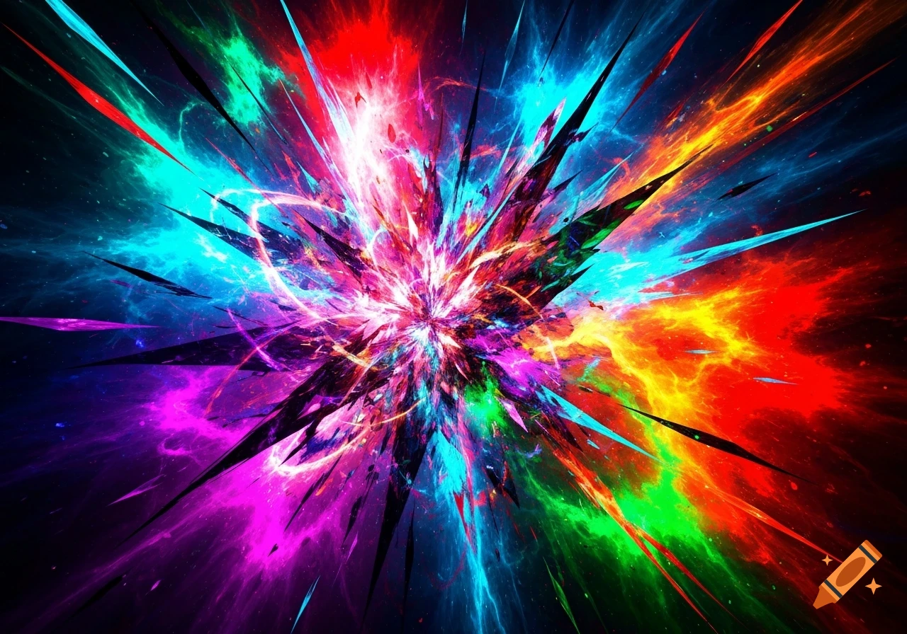A vibrant, colorful abstract explosion with sharp, jagged lines radiating from the center, against a dark background.
