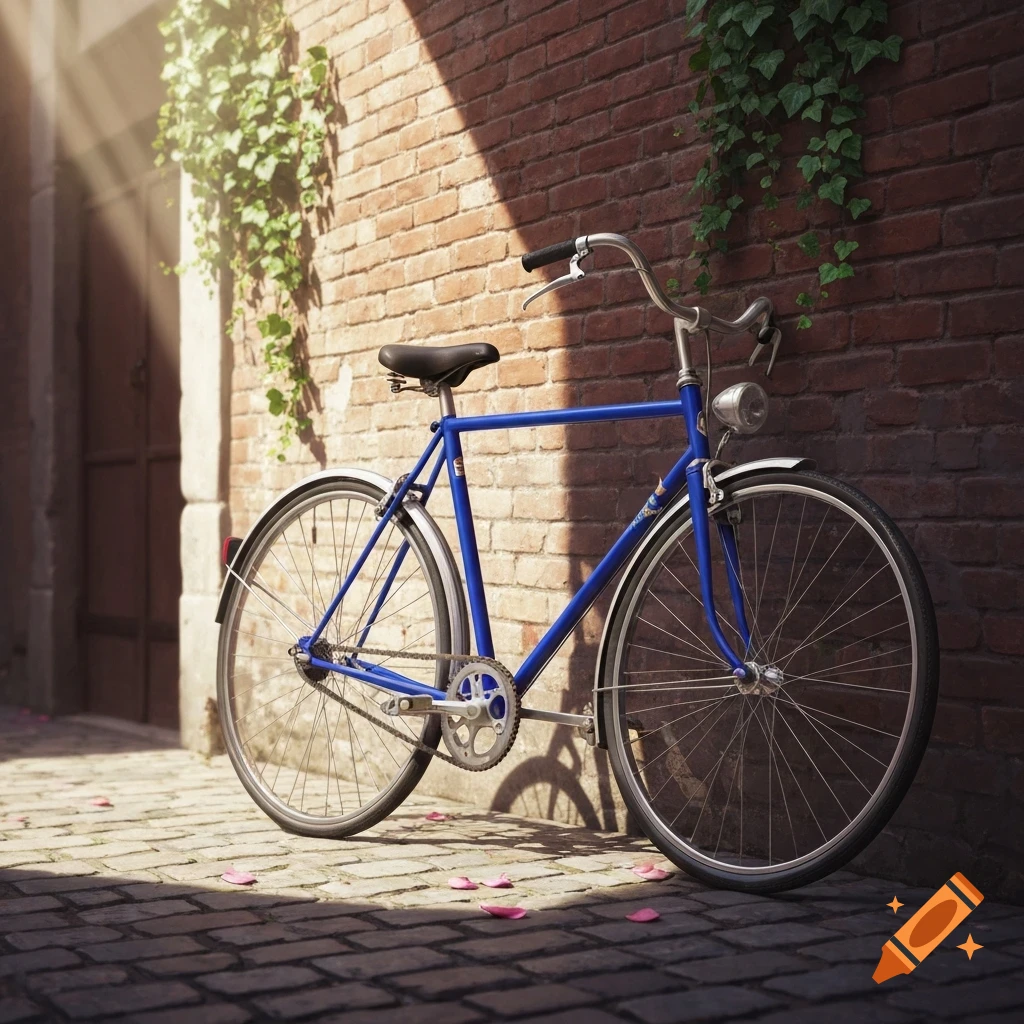 A vibrant blue bicycle leans against a sunlit brick wall covered in ivy, with pink petals scattered on the cobblestone ground.
