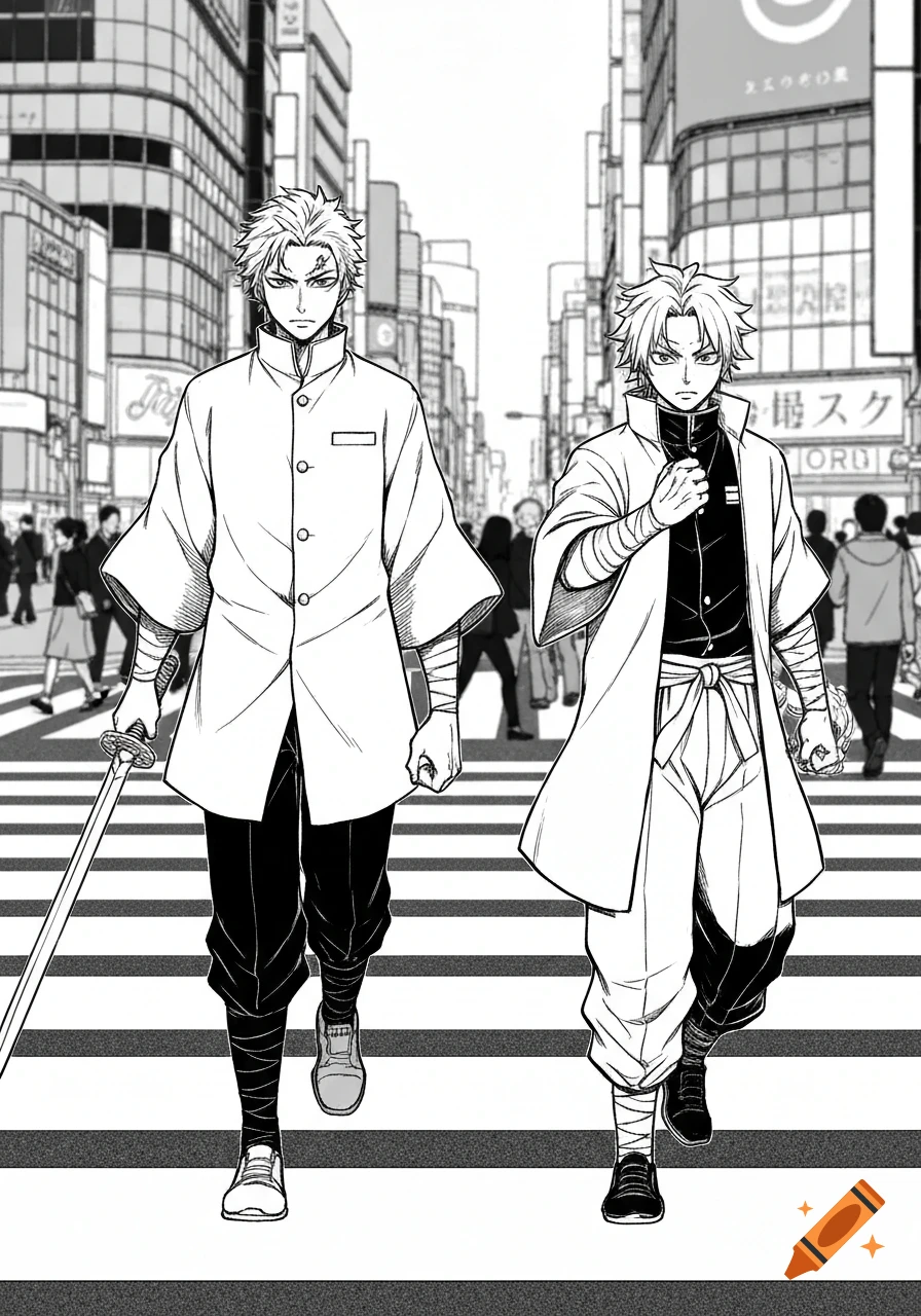 Two anime-style men, Yuji Itadori and Yuta Okkotsu, walk across a Shibuya street, one with a sword, in a black and white sketch.