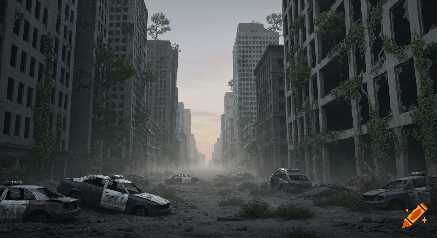 A desolate, post-apocalyptic city street at dusk, with abandoned, overturned cars and ivy-covered, ruined skyscrapers under a muted sky.