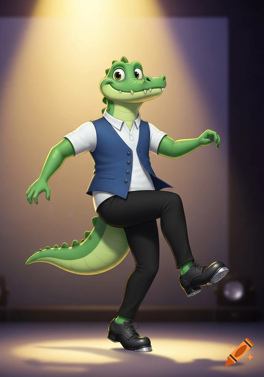 A friendly cartoon alligator wearing a blue vest, white polo, and black pants, tap dancing under a spotlight.