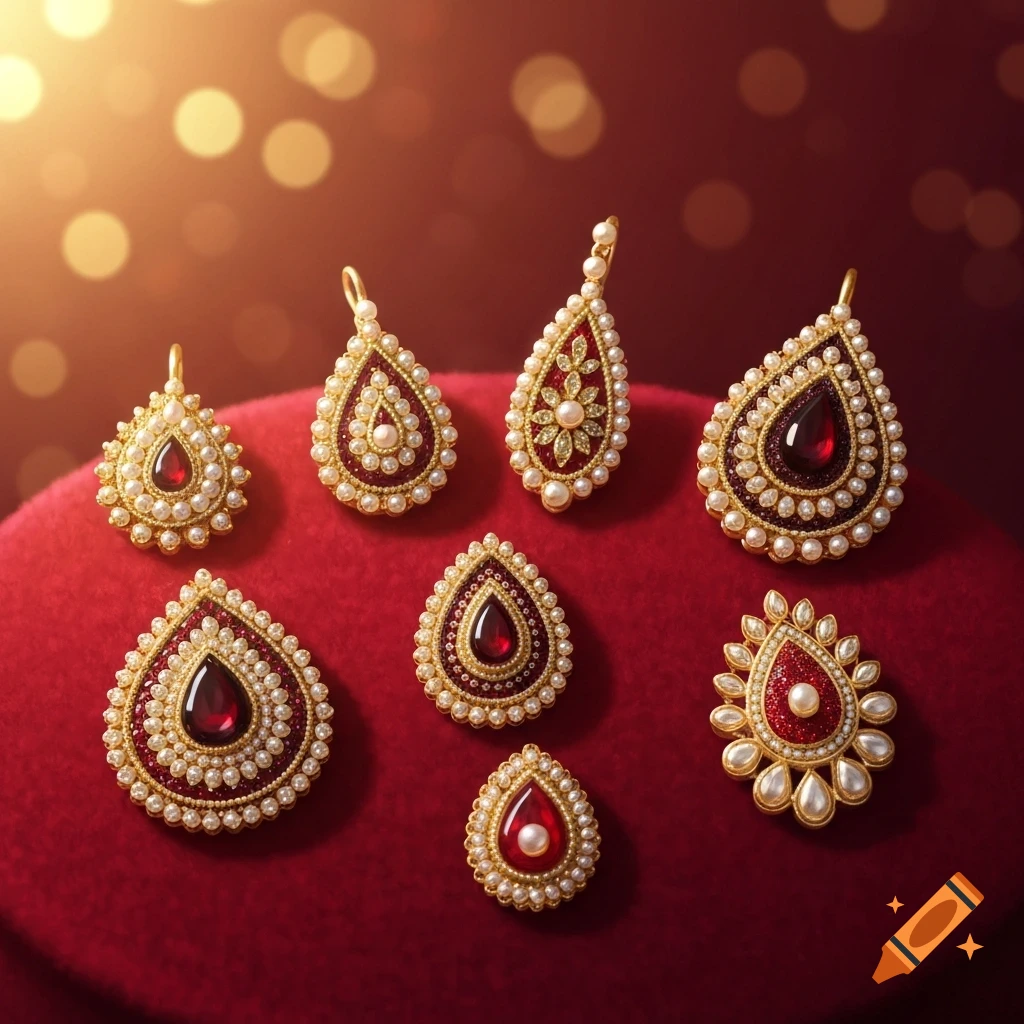 Ornate gold teardrop jewelry with red gems and pearls on red velvet with bokeh lights.