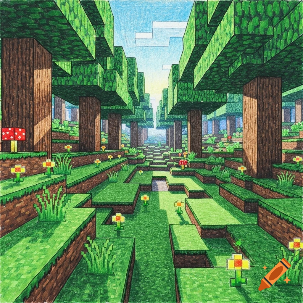 A vibrant 3-point perspective crayon drawing of a Minecraft forest with blocky trees, grass, and mushrooms, under a bright sky.