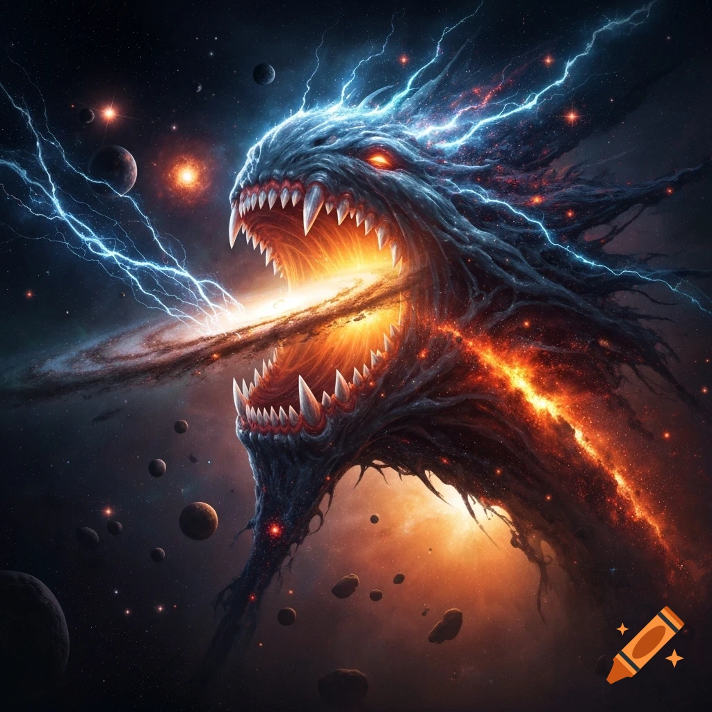 A monstrous, dark cosmic entity with glowing red eyes and lightning, consuming a galaxy amidst planets in space.
