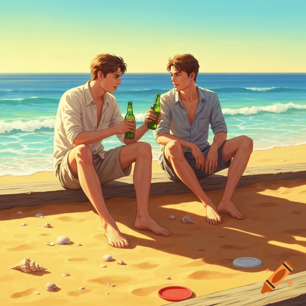 Two young men in button-up shirts and shorts sit on a wooden beam on a sunny beach, holding green bottles, with the ocean in the background. Digital art style.
