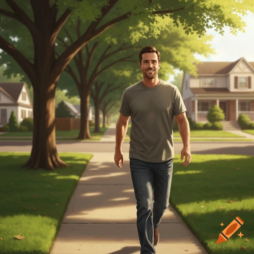A smiling man in a grey t-shirt and jeans walks along a sunlit suburban sidewalk lined with trees and houses.