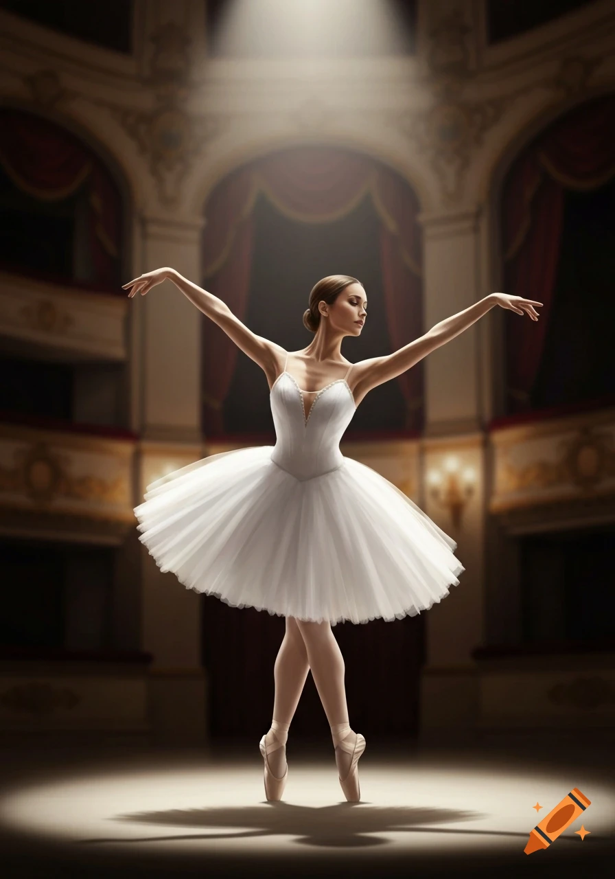 A graceful ballerina in a white tutu poses en pointe under a spotlight on a dark theater stage with ornate boxes.