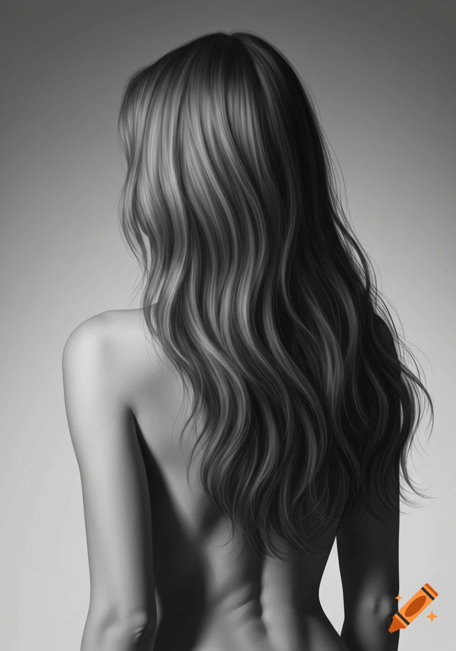Grayscale illustration of a woman's bare back with long, wavy hair seen from behind.