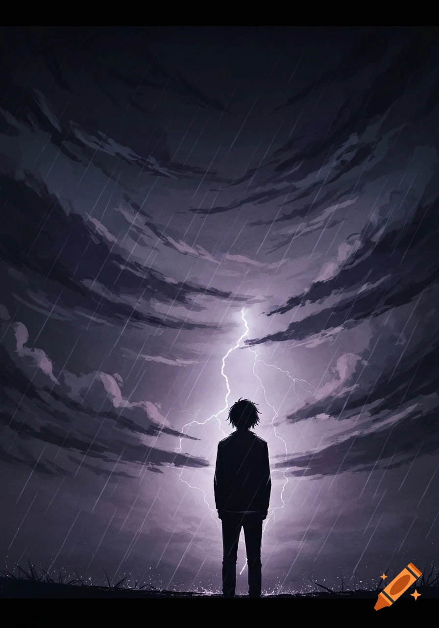 A lone, silhouetted figure stands in pouring rain, looking at a bright lightning strike in a dark, stormy sky, in an anime art style.