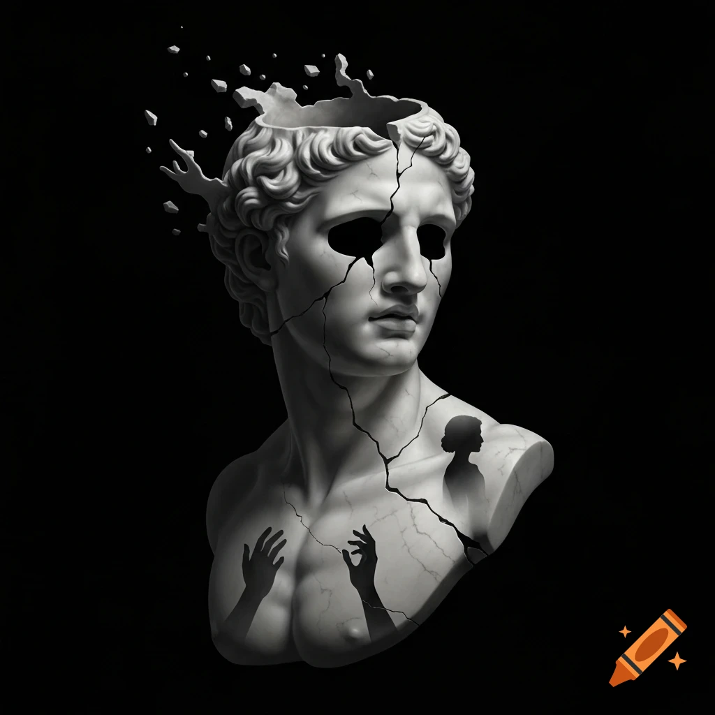 A surreal white marble Greek bust of a man with cracks revealing shadowy hands and a female silhouette, its head dissolving into pieces, against a black background.