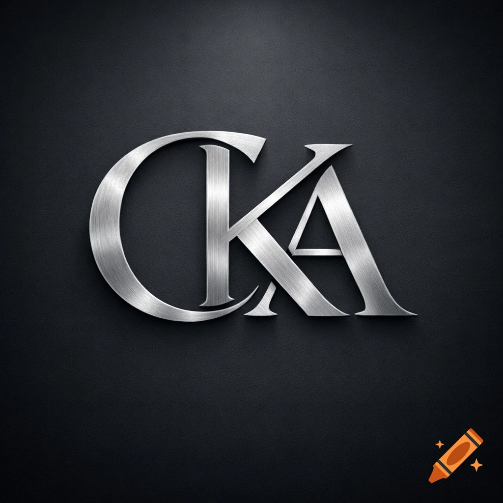 A silver metallic monogram featuring the letters C, K, and A with a brushed texture, set against a dark grey background.