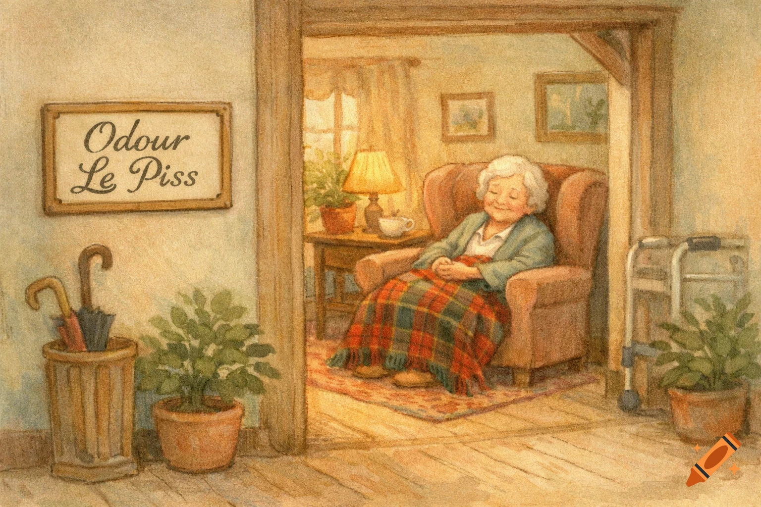 Illustration of a sleeping elderly woman in an armchair with a tartan blanket, a sign "Odour Le Piss" on the wall, and a walker nearby.