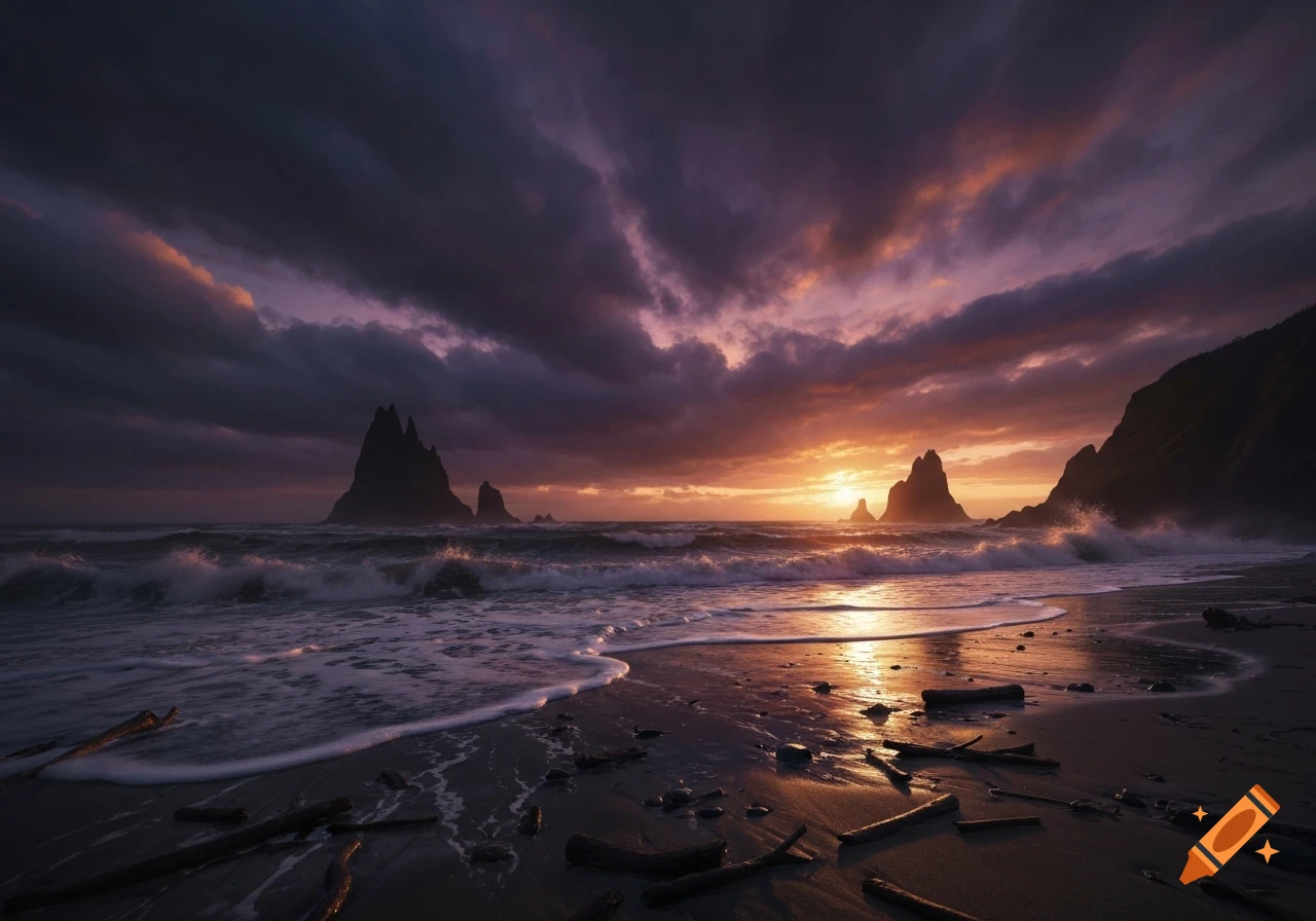 A dramatic sunrise over a rocky beach with crashing waves and dark, ominous clouds reflecting purple and orange light.