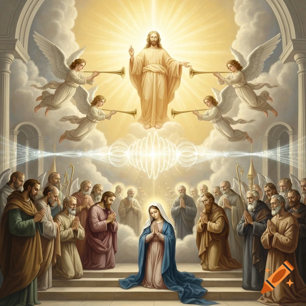 Jesus ascends, surrounded by angels playing trumpets, while Mary, apostles, and saints pray below in a celestial, ornate setting.