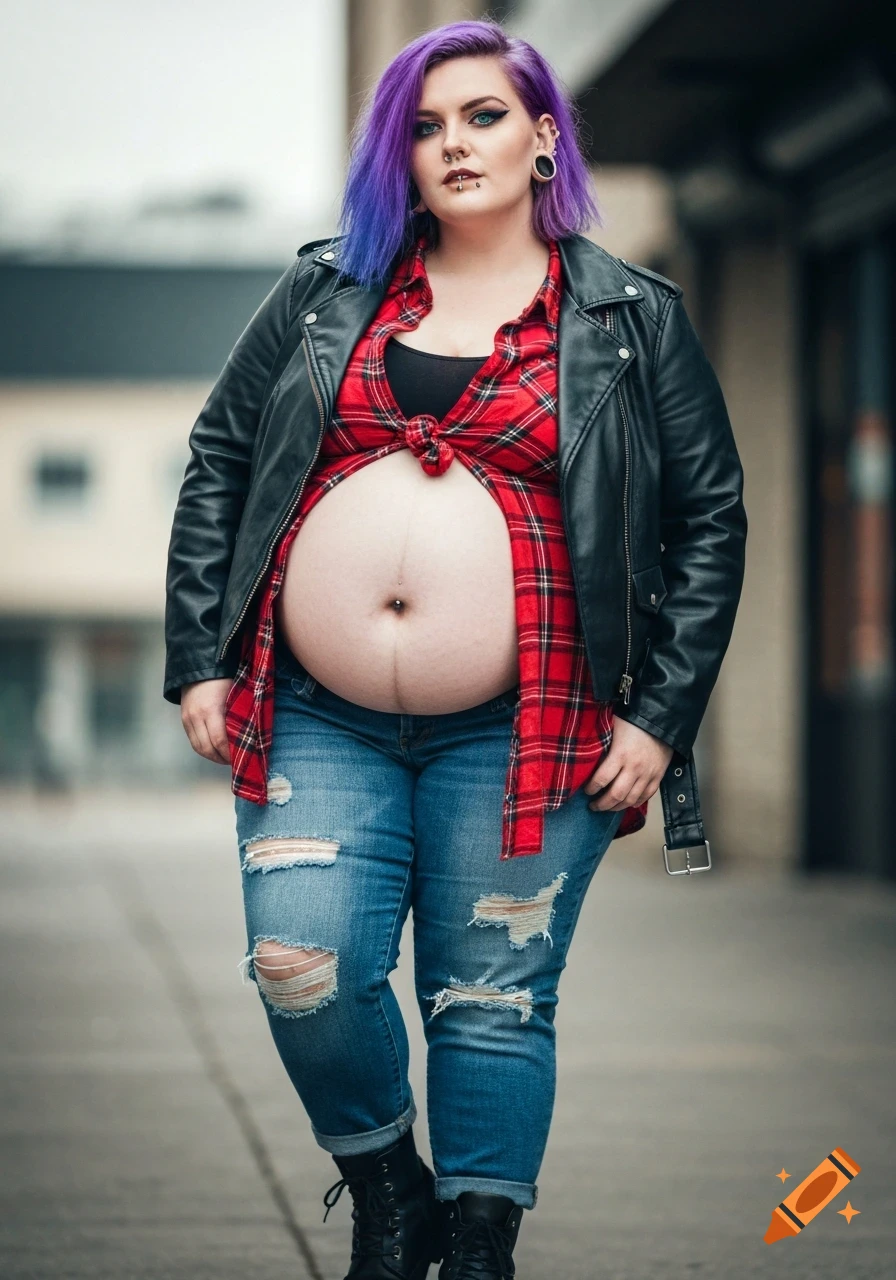 Photorealistic portrait of a pregnant woman with purple hair, a leather jacket, a red plaid shirt tied over her belly, and ripped blue jeans.