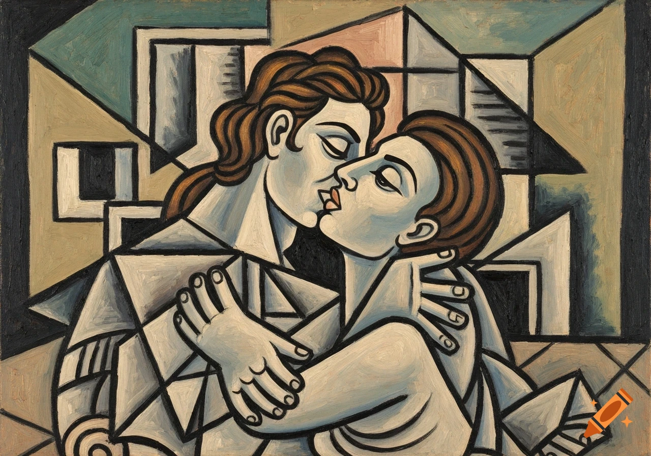 Cubist oil painting depicting two figures kissing, rendered with angular forms and a muted color palette.