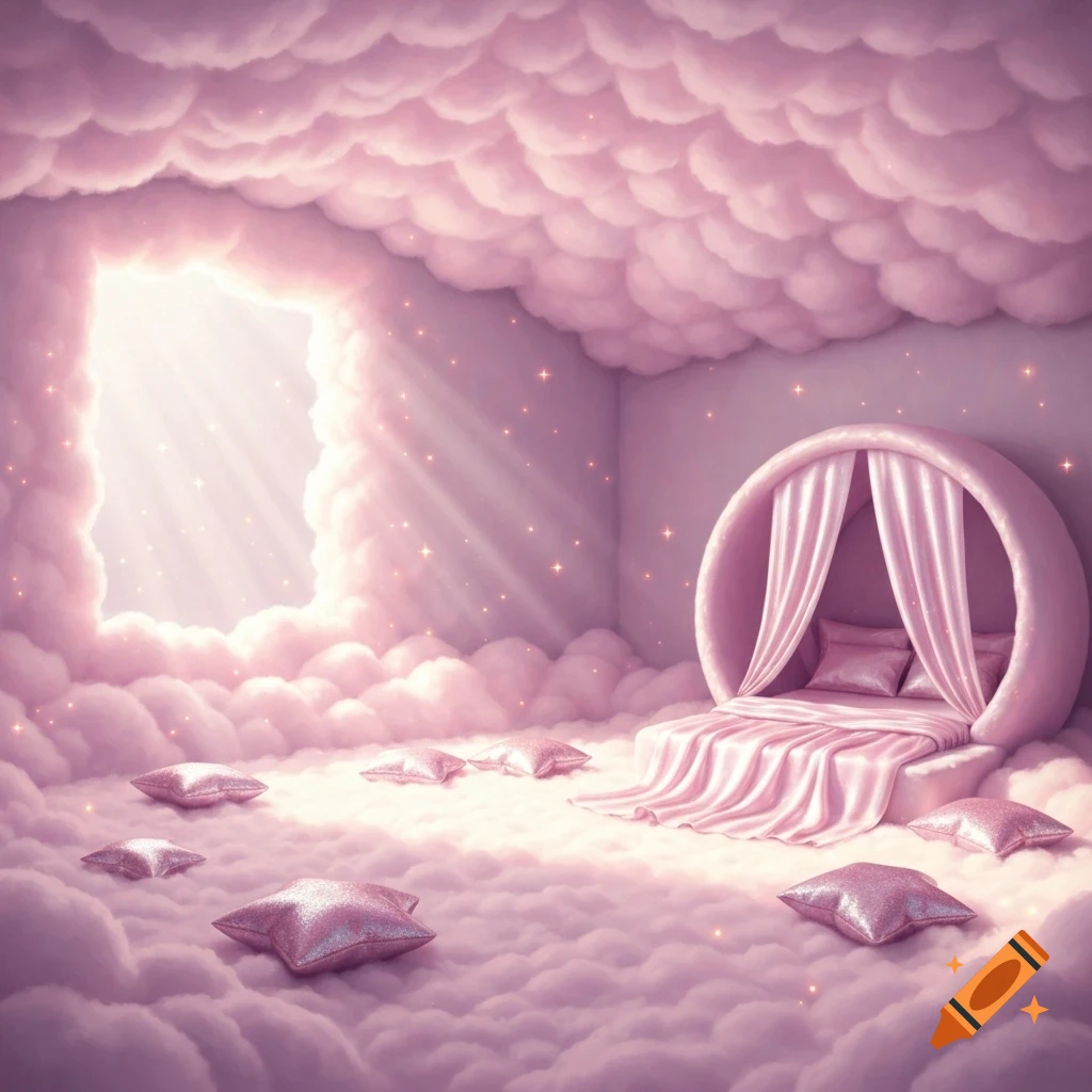A dreamy pink room with soft clouds covering the floor, walls, and ceiling. A round bed with pink drapes sits among glittery star pillows, bathed in sparkling light from a cloud-framed window.
