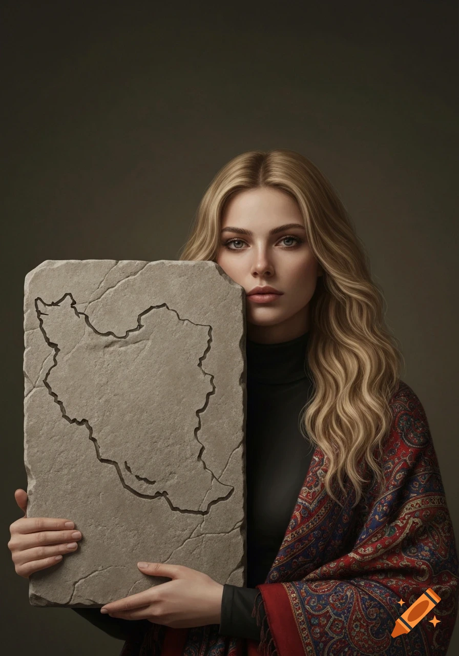 A serious portrait of a blonde woman in a black top and a patterned Persian shawl, holding a stone tablet shaped like the map of Iran.