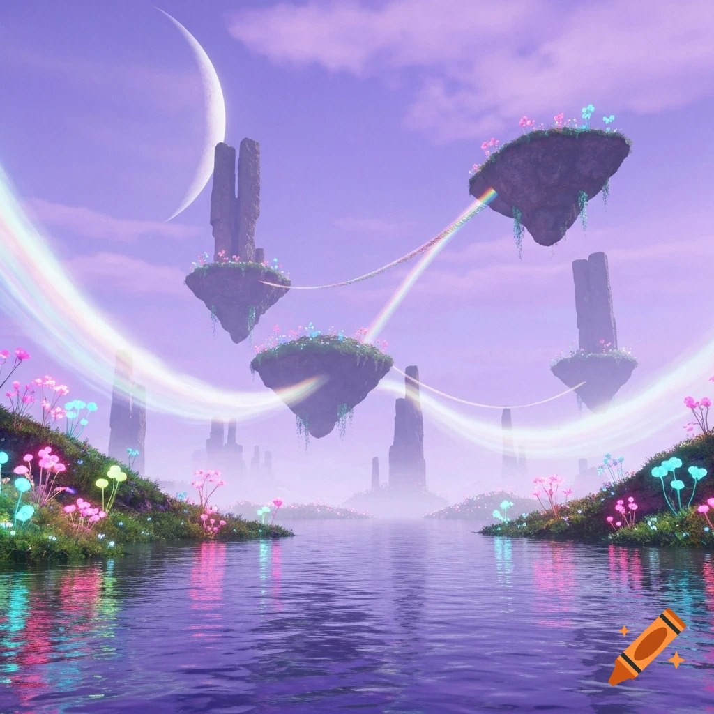 A whimsical purple and pink fantasy landscape with floating islands, glowing flora on grassy banks, a calm lake, and a crescent moon in a pastel sky.