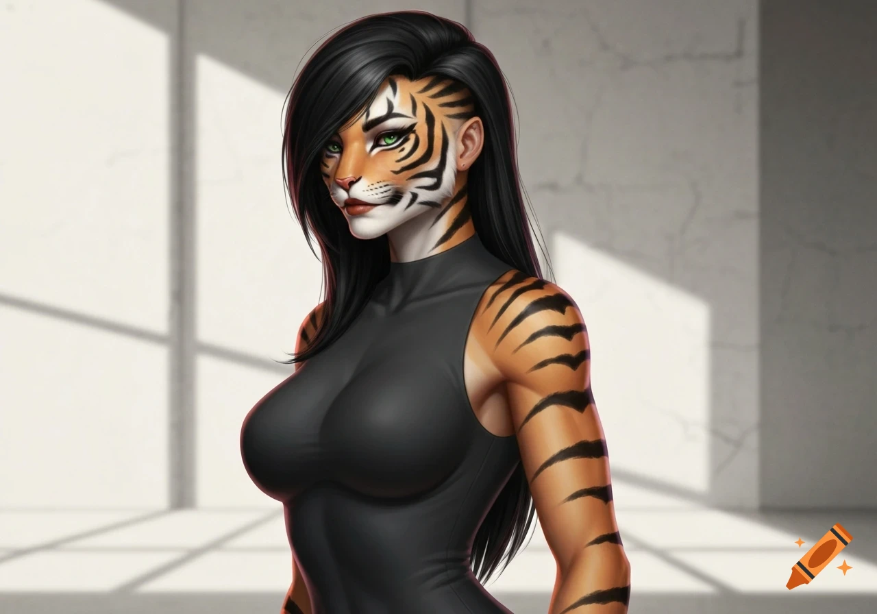 Digital art of a humanoid female with tiger stripes, long black hair with a side shave, green eyes, wearing a black high-neck top.