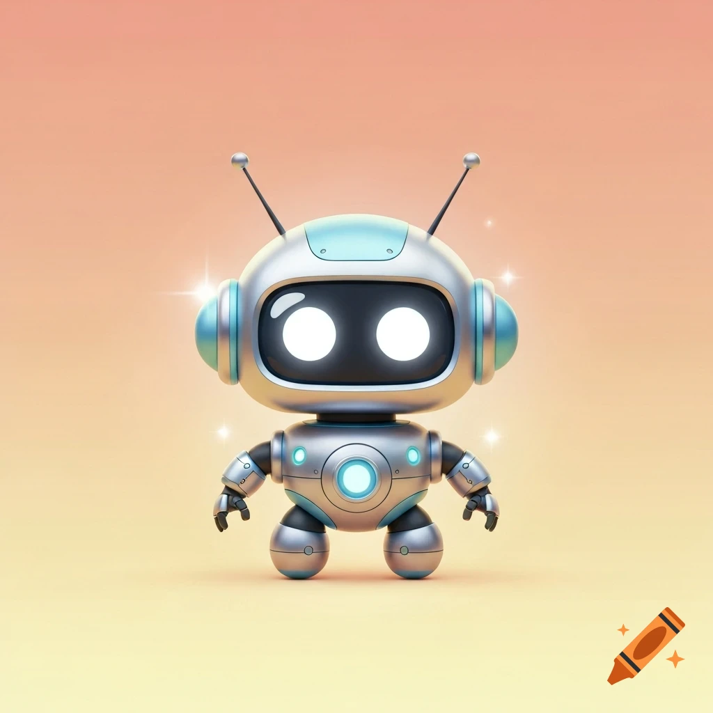 A cute, metallic silver and light blue robot with glowing eyes and antennae stands against a peach and yellow gradient.