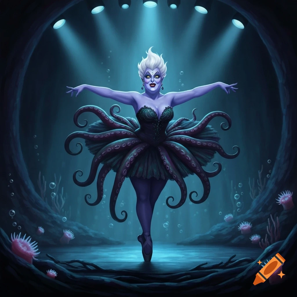 Ursula, the sea witch, performs ballet on an underwater stage, illuminated by bright spotlights, with tentacles forming her skirt.