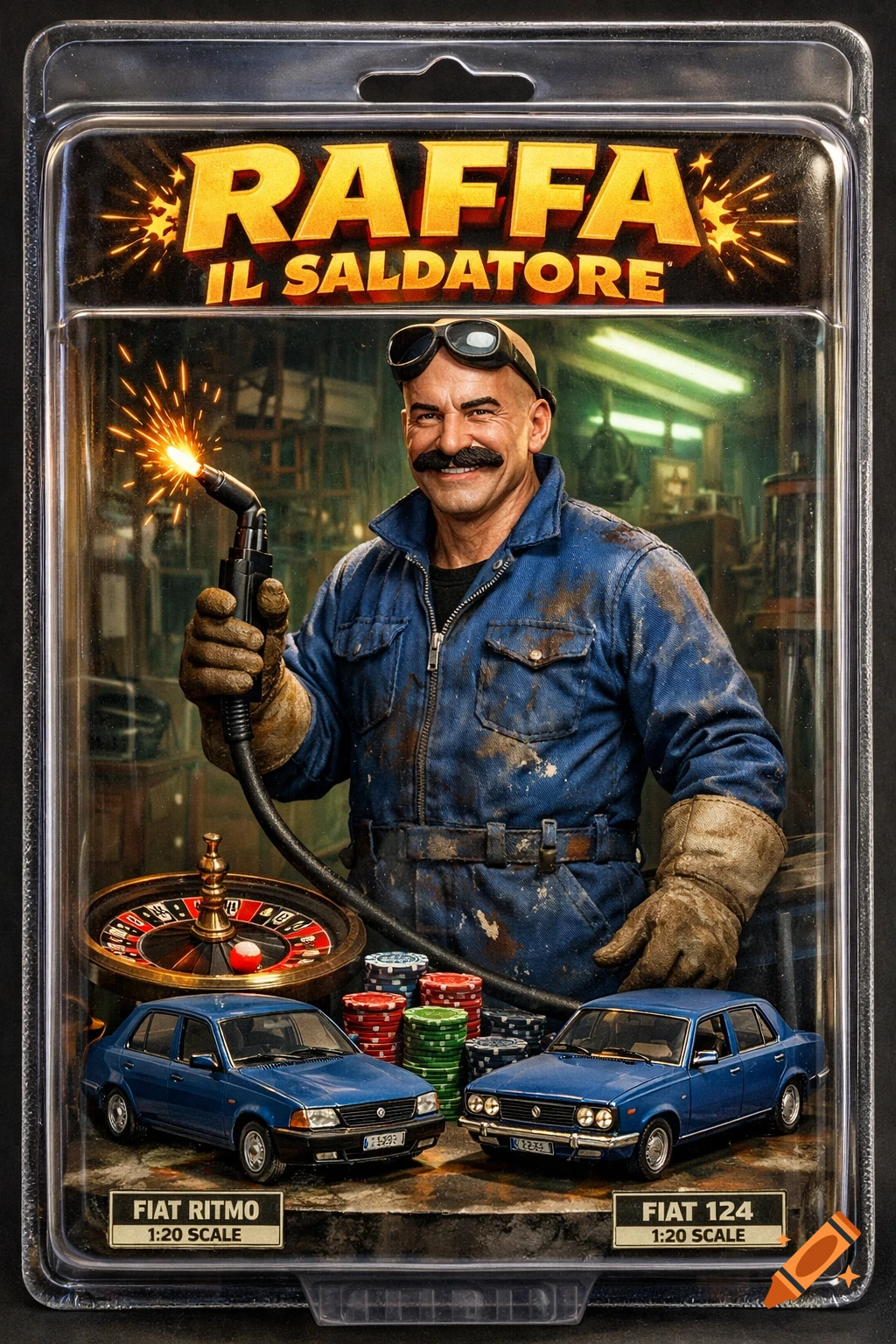 An 80s style action figure of Raffa the Welder in clear plastic packaging, featuring a smiling man holding a welding torch, model cars, roulette, and poker chips.
