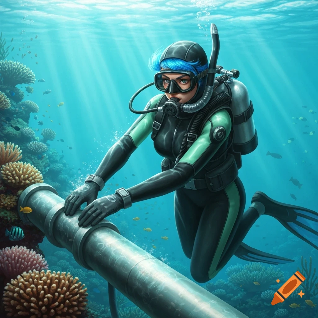 An illustrated blue-haired woman in a black and green scuba suit works on a pipe underwater near a coral reef.
