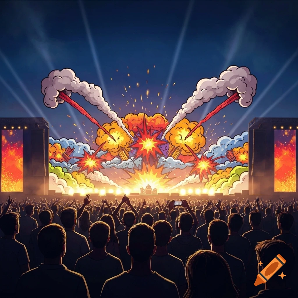 A large audience at a concert watching a stage displaying vibrant cartoon explosions with smoke and sparks against a dark sky.