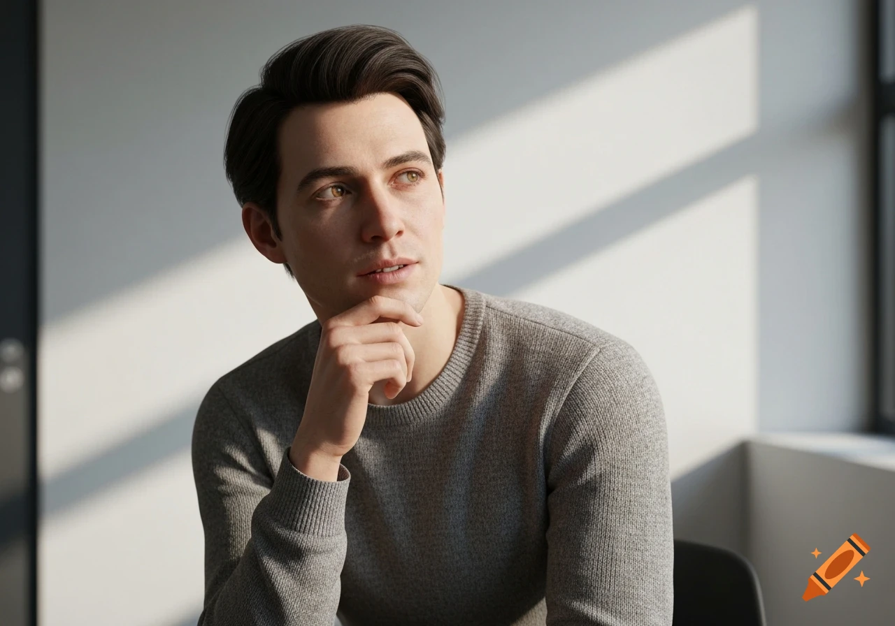 A photorealistic portrait of a thoughtful man in a grey sweater, looking upwards in a modern room with natural light.