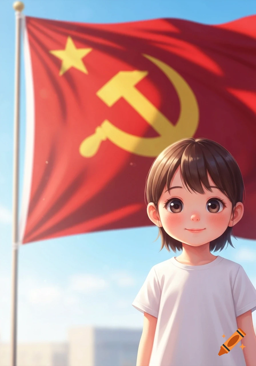 A smiling anime girl with short brown hair stands in front of a red flag featuring a yellow hammer, sickle, and star.