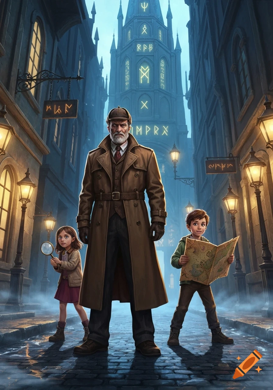 A detective and two children stand on a wet cobblestone street in a fantasy city with glowing rune-covered buildings.
