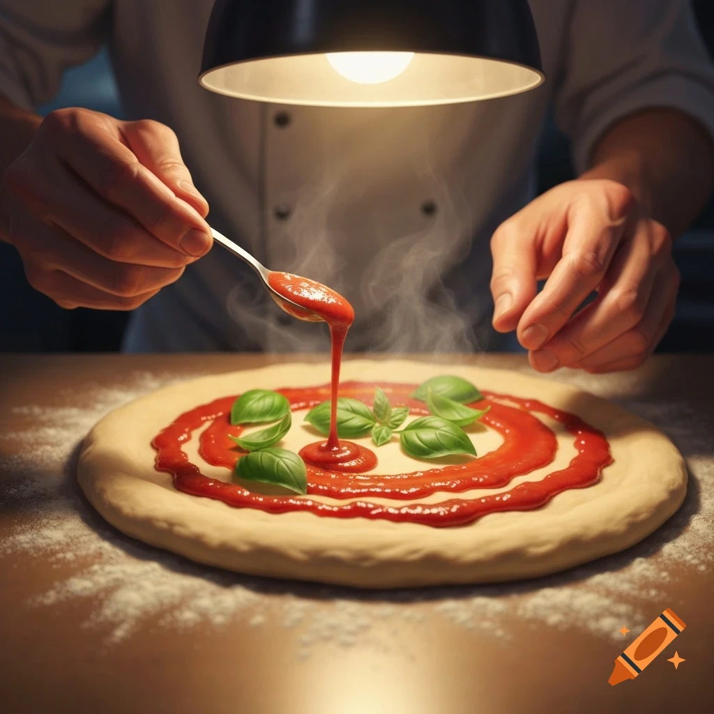 A chef's hands are adding red sauce from a spoon and fresh basil leaves onto a raw pizza dough under a warm lamp.