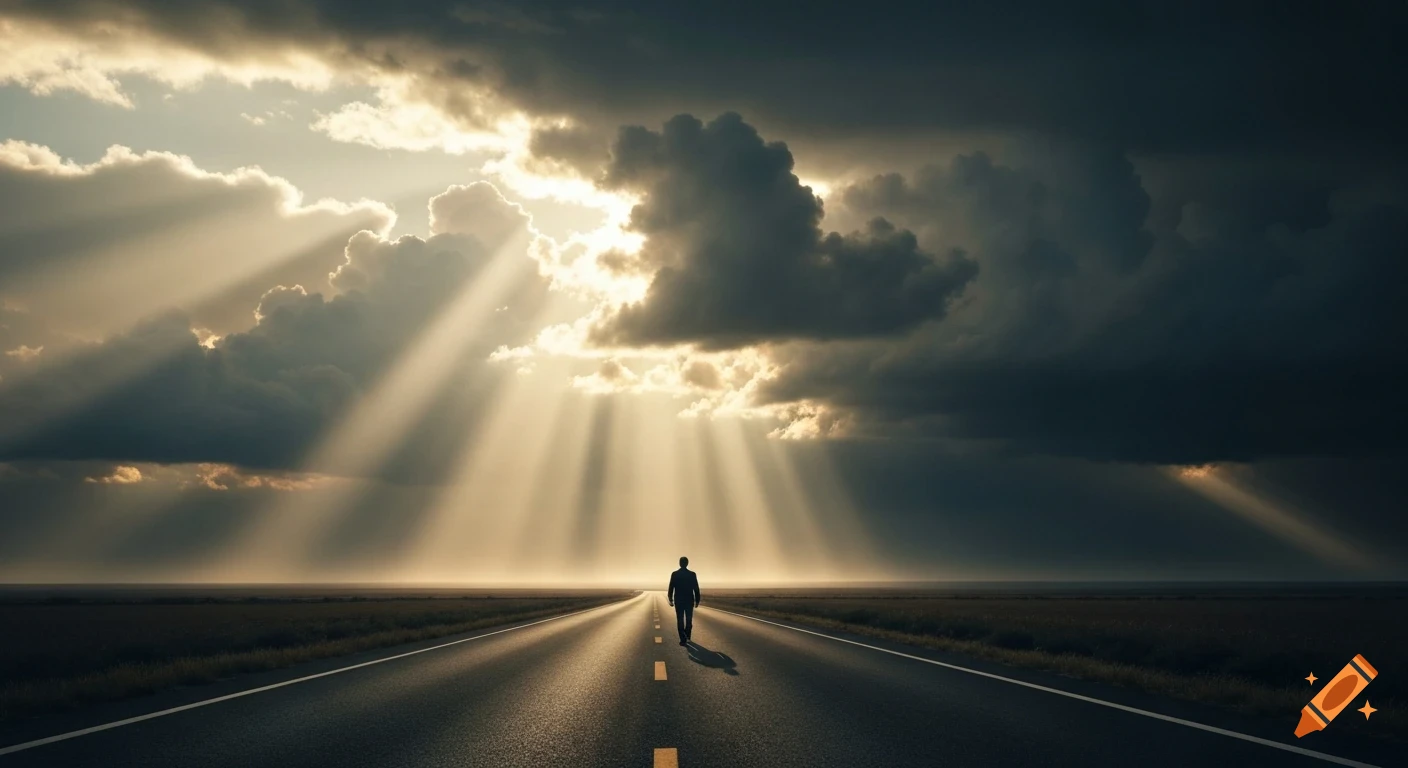 A lone person walks on an empty road under dramatic clouds with sun rays breaking through, creating a hopeful, moody landscape.