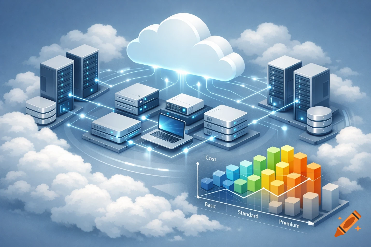 Isometric drawing of cloud computing infrastructure with server racks, storage, a laptop, connecting to a cloud, beside a bar graph for a pricing model.