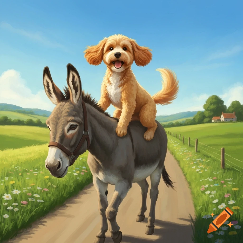 A cute golden cockapoo dog joyfully rides on the back of a donkey along a dirt path in a sunny green field.