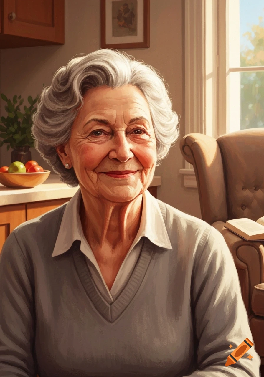 A realistic digital painting of a smiling elderly woman with gray hair, in a sunlit home interior.
