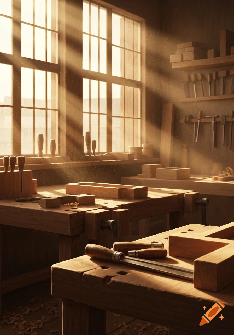 Sunlight streams through a window into a detailed woodworking shop with workbenches, scattered wood shavings, and tools.