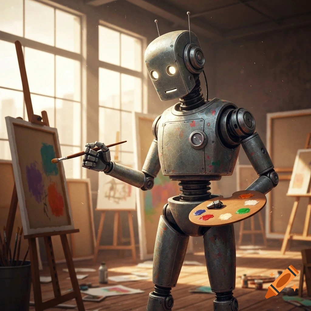 A metallic robot holding a paintbrush and a palette, painting on an easel in a sunlit art studio.