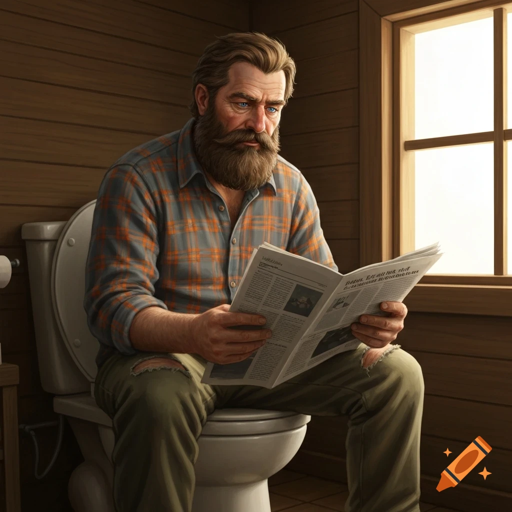 A bearded man in a plaid shirt sits on a toilet in a rustic bathroom, reading a newspaper.