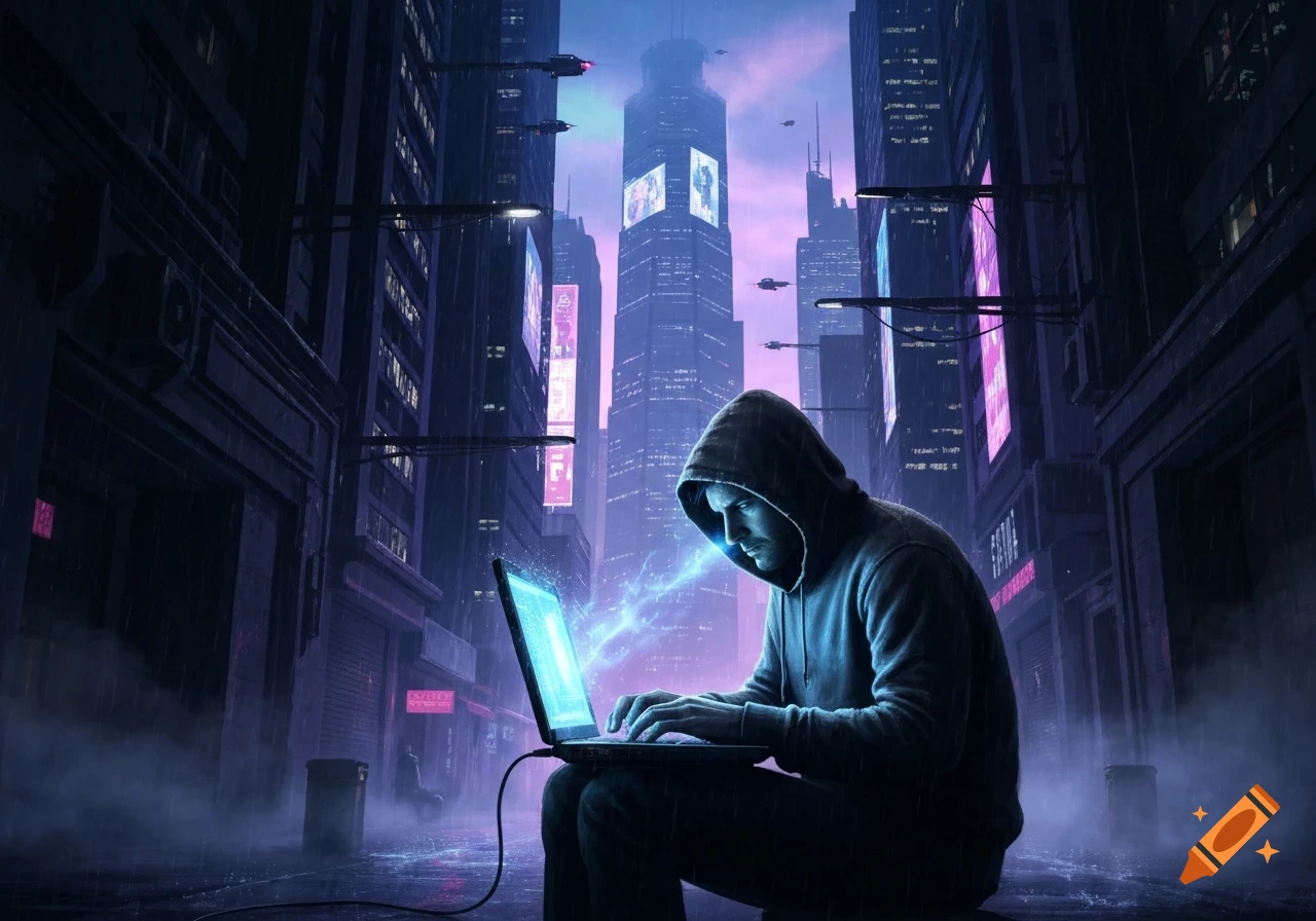 A hooded figure, resembling a hacker, sits in a dark, rainy cyberpunk city, intensely typing on a glowing laptop.