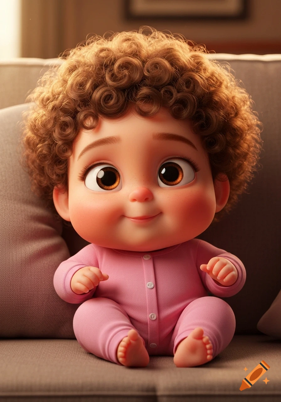 A cute 3D cartoon baby girl with curly hair, big eyes, and chubby cheeks, wearing pink pajamas, sitting on a sofa.