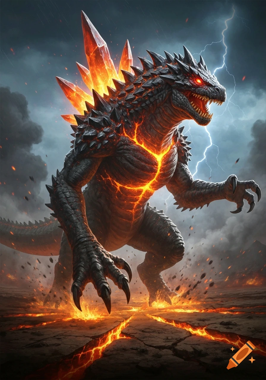 Giant dark kaiju with glowing red eyes, lava cracks on its body, and fiery crystal spikes, standing on burning ground under a stormy, lightning-filled sky.