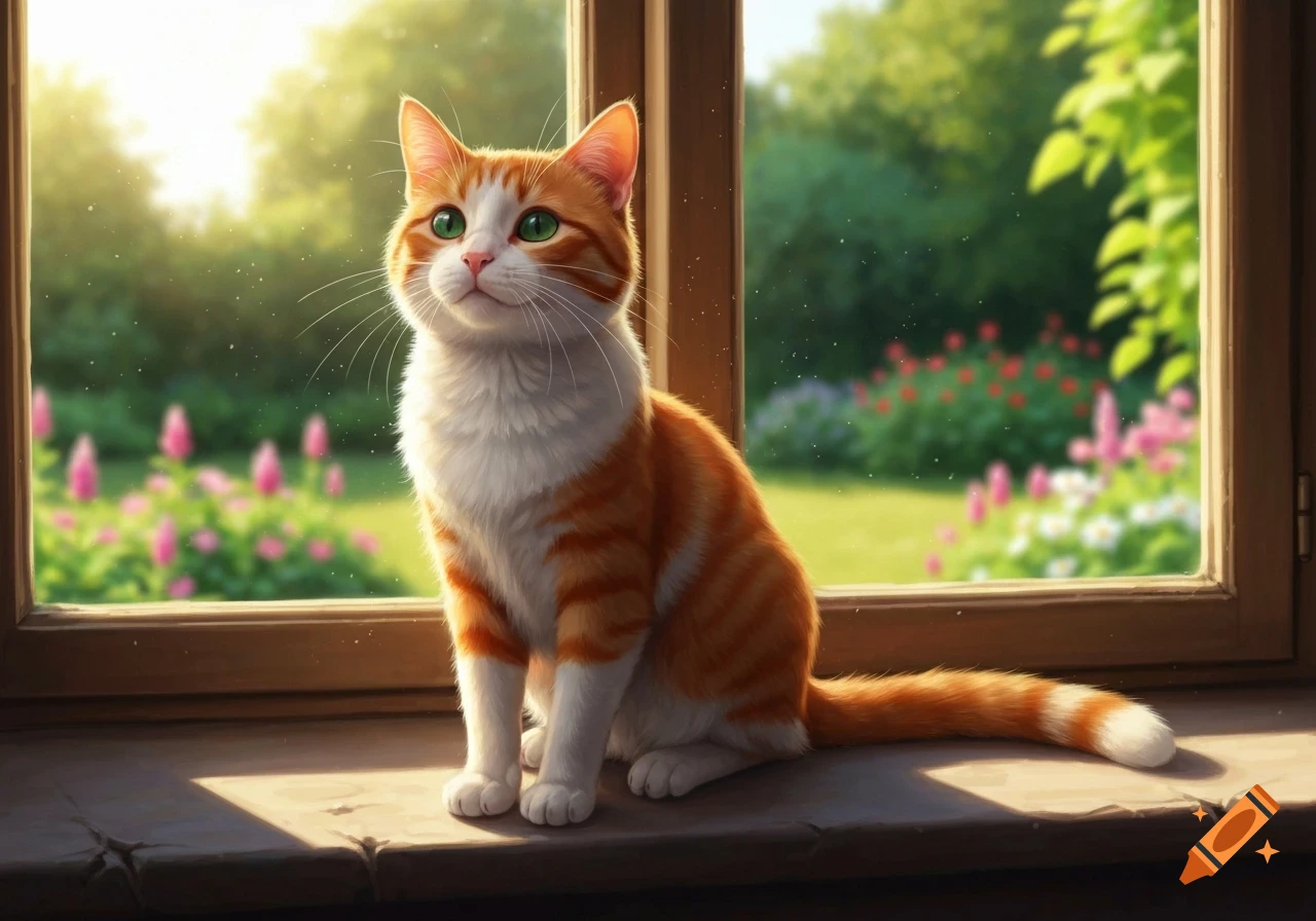 An orange and white cat with green eyes sits on a wooden windowsill, looking out at a sunny green garden with flowers.