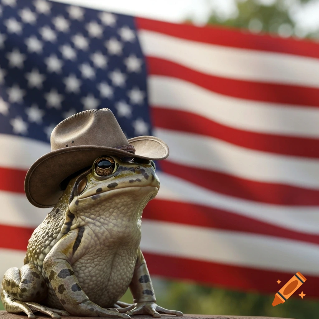 A photorealistic frog wearing a brown cowboy hat sits in front of a slightly blurred American flag.
