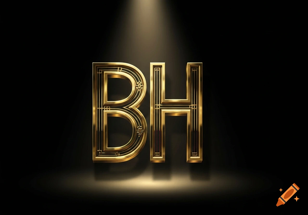 Two bold gold metallic Art Deco-style letters 'BH' illuminated by spotlights on a dark background.