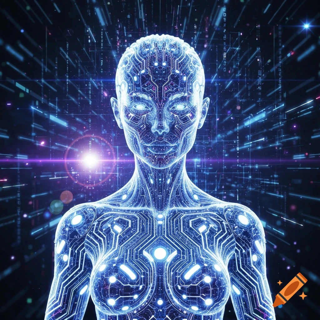 A glowing blue human-like figure made of circuit board patterns, representing artificial intelligence, against a dark futuristic background.