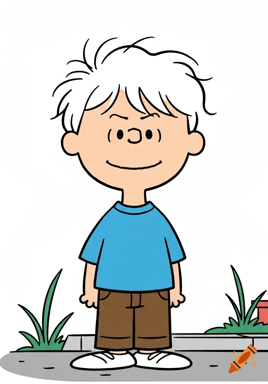 A smiling teenage boy with white hair, wearing a light blue shirt and brown pants, standing in the Peanuts comic strip style.