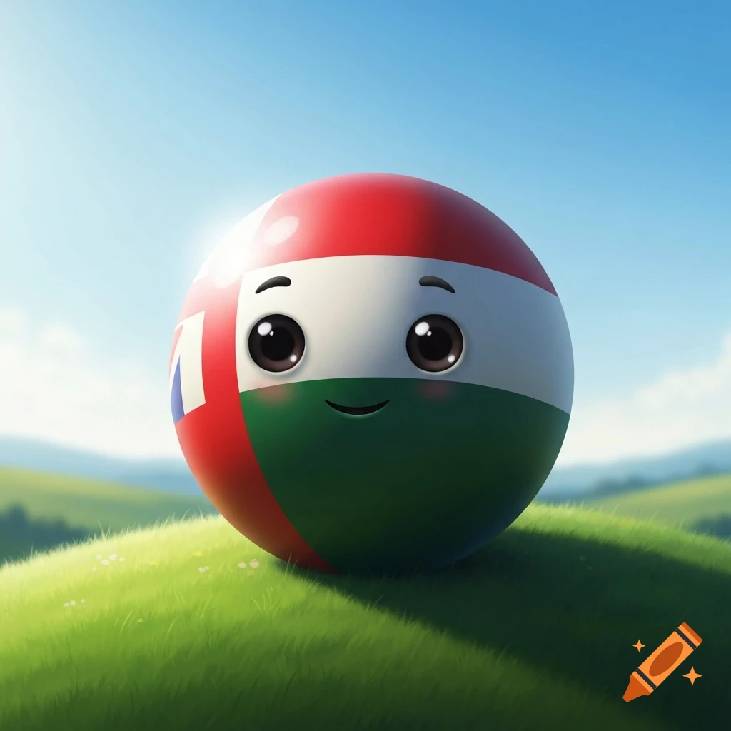 A cute, cartoon countryball with the Hungarian flag colors (red, white, green) on a grassy hill under a bright blue sky.