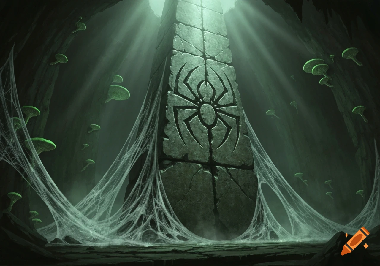 A stone pillar with a spider symbol carved into it stands in a dark, web-filled cavern with glowing green mushrooms.